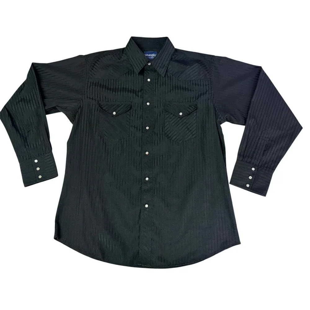 Wrangler‎ Western Shirt L Black Snap Button Striped Cowboy Rodeo Chic Darkwear